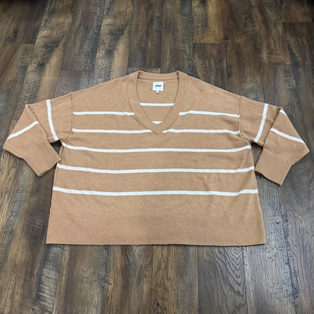 Aerie Oversized V-Neck Striped Sweater Tan XXL Knit Coastal Grandma Old Money